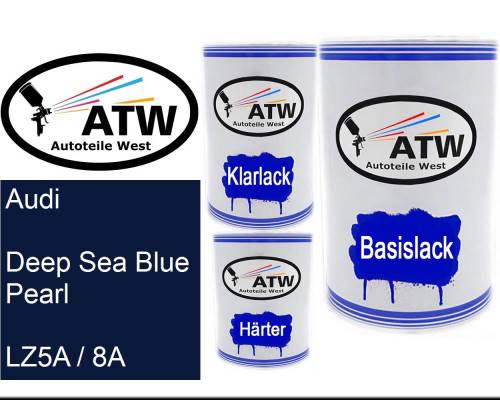 Audi, Deep Sea Blue Pearl, LZ5A / 8A: 500ml Lackdose + 500ml Klarlack + 250ml Härter - Set, von ATW Autoteile West.